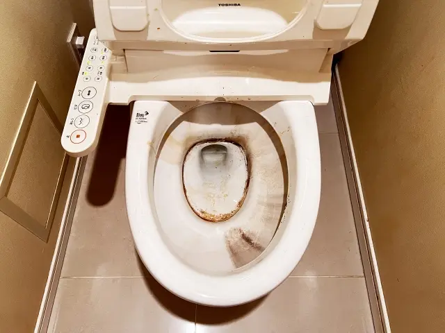 便器フチ裏にたまった黒ずみ汚れ